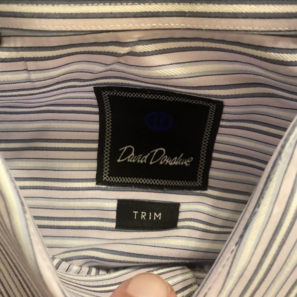 David Donahue Shirt Mens Large Blue White Pink Stripe Trim Fit Dress Monogrammed - Picture 3 of 12
